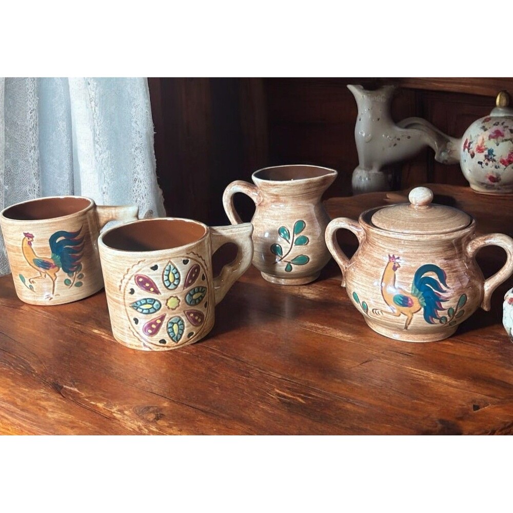 Pennsbury Pottery Rooster Cups Creamer Sugar Bowl Country Farmhouse Vintage Set